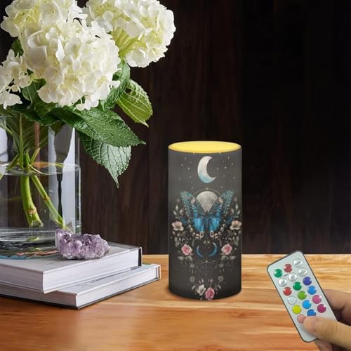 Image of Poceacles Butterfly Flower Moon Black Flameless Candle with 18 Key Remote 4 /8 Hours Timing Color Changing, Flickering Wick Realistic Votive Electric Candle for Desktop Home Decoration