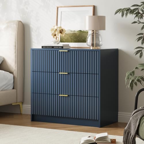 Image of Furniway 31.5 inch Large Nightstand with 3 Drawers, Fluted Bedside Table, Modern Tall End Table with Storage, Wood Night Stand Organizer Cabinet for Bedroom, Navy Blue