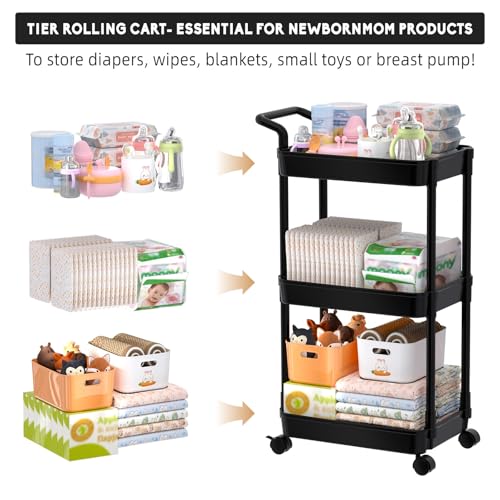 Image of Volnamal Diaper Caddy - Plastic Diaper Organizer for Nursery Essentials, Baby Organizers and Storage, Movable Cart for Changing Table & Crib, Baby Registry Search, Black