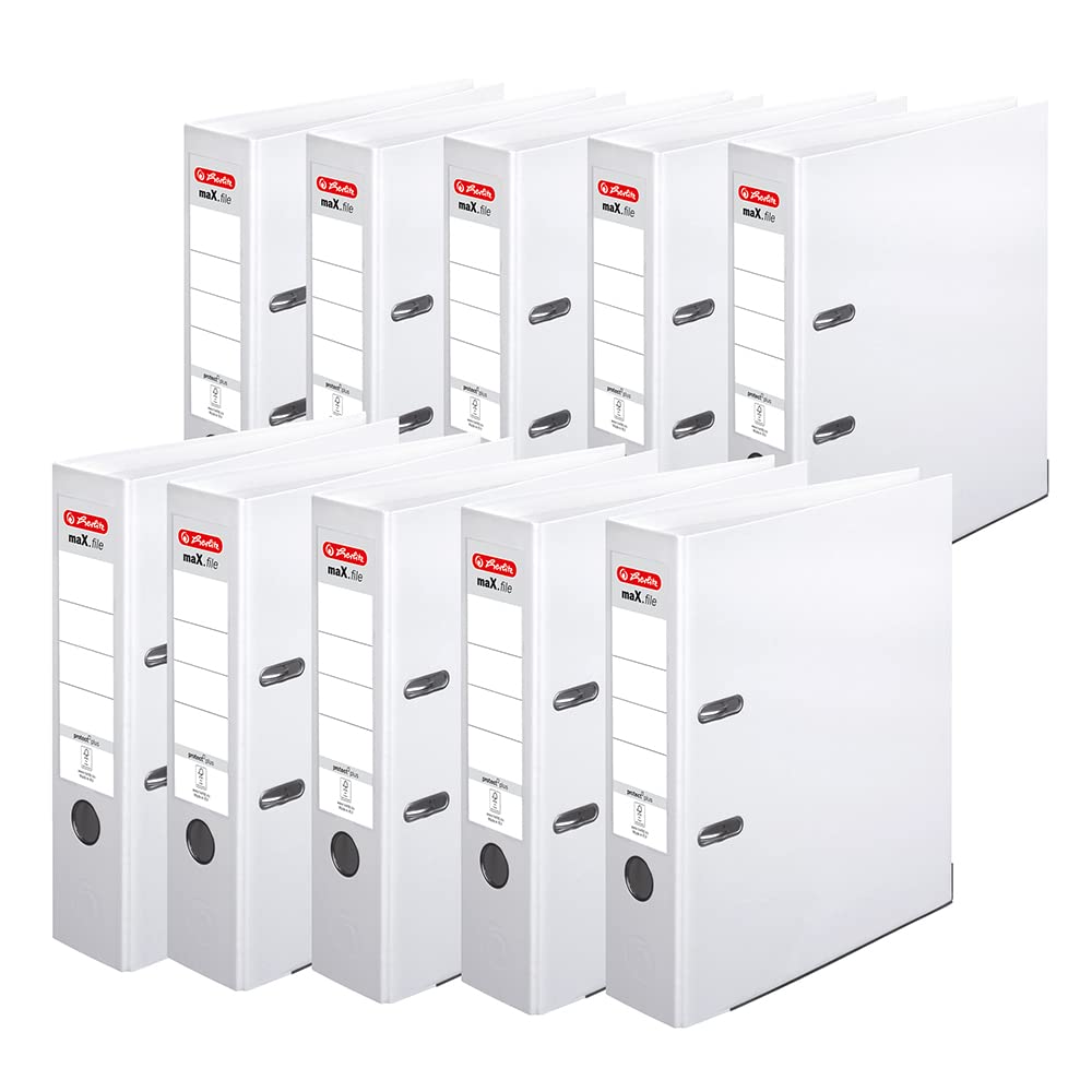 Herlitz 10834364 segregator maX.file protect+, A4, szerokość grzbietu: 8 cm, pełne pokrycie foliowe PP, białe, 10 sztuk