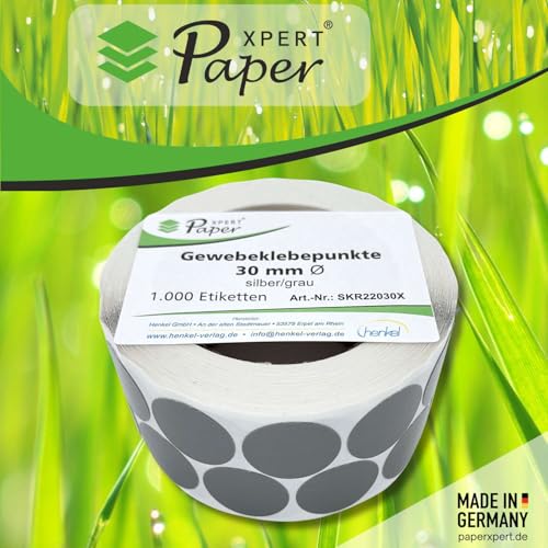 PaperXpert Gewebeklebepunkte Silber/Grau 1 Rolle à 1000 Stück | Ø 30 mm rund | Hochleistungsklebepunkte selbstklebend | Verschlusspunkte & Markierungspunkte | Premium Markenqualität – Made in Germany