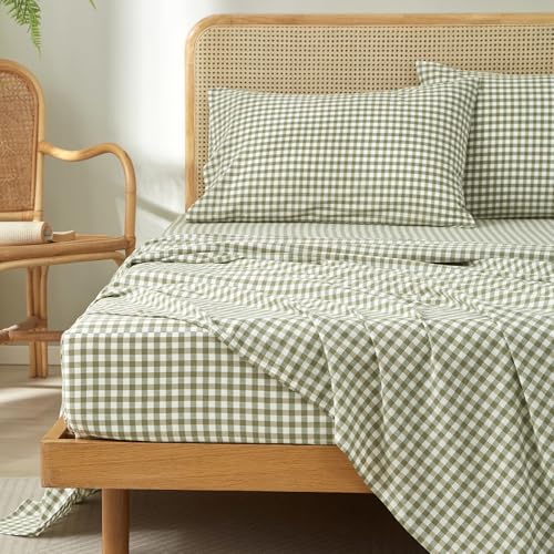 HighBuy Green Gingham Sheets Set Twin XL 100% Washed Cotton Linen Feel Sheet Set 3 Pieces Set Soft & Comfortable Sage Green Plaid Bed Sheets with 16 Deep Pocket Vintage Gingham Grid Design