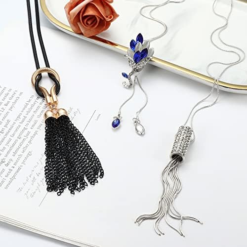 KALVICA 6Pcs Long Pendant Necklace for Women Lady Long Sweater Necklace Cubic Zirconia Flower Tassel Long Necklaces Sweater Chain Fashion Jewelry Women Gifts