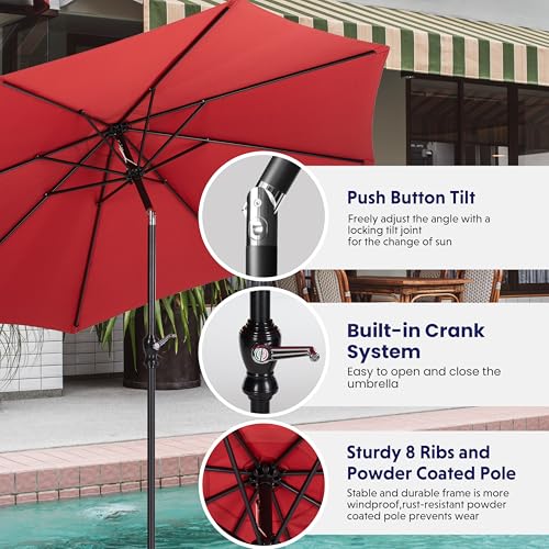 InfiniPower 9FT Outdoor Patio Umbrella with 8 Ribs, Table Umbrellas with Push Button Tilt/Crank, UV Protection Waterproof for Garden Deck Backyard Pool, Red