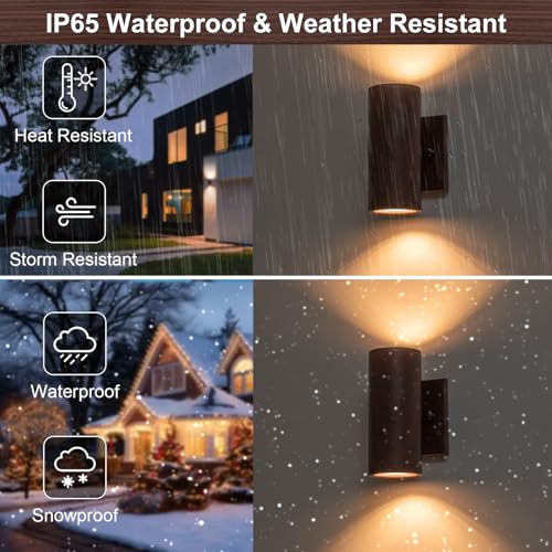 Image of Outdoor Wall Light Fixture 7 inch Integrated LED Cylinder Up and Down Lights Dark Walnut, Waterproof, Outdoor Sconce Lights for House Exterior Porch Patio Garage Front Door