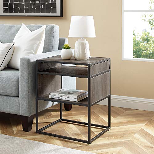 Exclusive Discount 50% Price Walker Edison Industrial Modern Metal Frame Wood Rectangle Side Accent Table Set Living Room Storage Shelf End Table, 20 Inch, Grey Wash