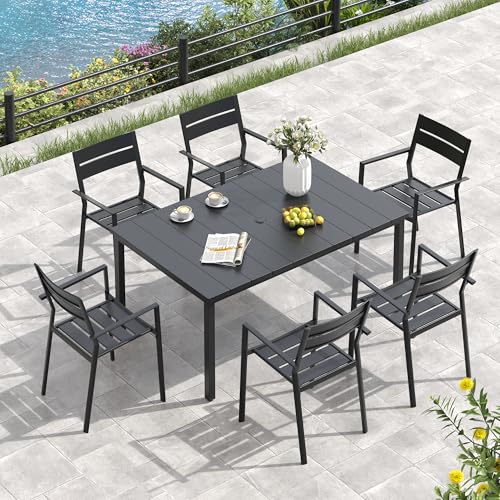 Image of VICLLAX Outdoor Table for 6, Metal Patio Dining Table with Umbrella Hole for Garden Lawn Deck Backyard, Black Tabletop