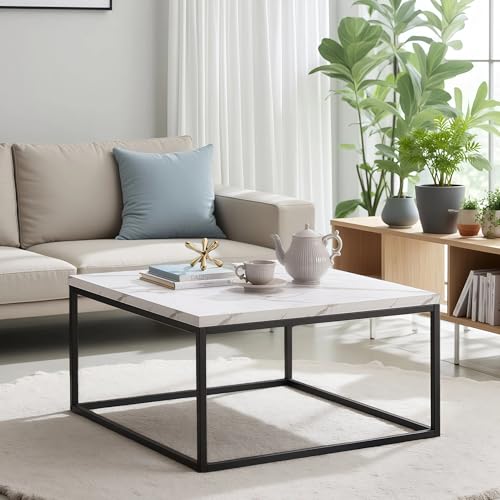 CENSI 30" Square Coffee Table, White Faux Marble Center Table