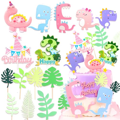 Trois Rex Décoration de gâteau fille d'anniversaire 3 ans dinosaure rose
