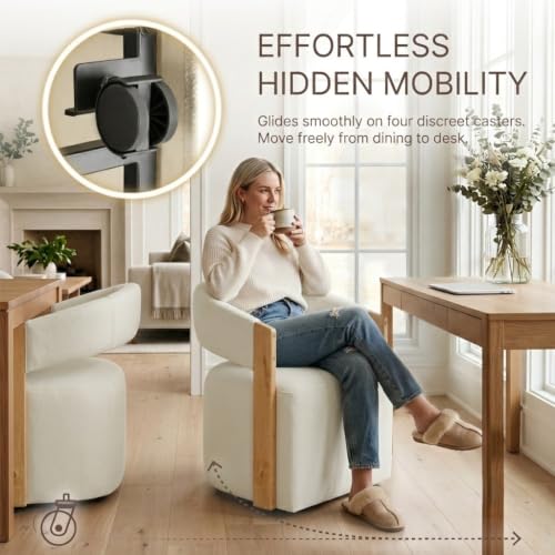 Image of KISLOT Upholstered Dining Chairs Set of 1, Modern Wooden Arm Kitchen & Dining Room Chairs with Hidden Casters, Fabric Padded Rolling Chairs, Sturdy Wood Frame, 300 lbs Capacity, Off-White