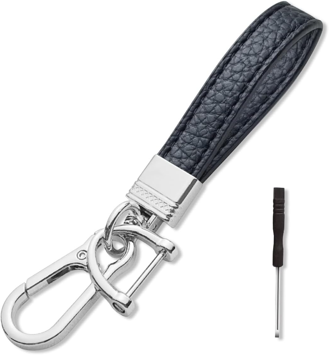 Leather Car Keychain, 360° Rotatable Snap Swivel Key Ring, Car Fob Key Chain Holder for Men Women, Anti-Lost D-Ring (Black)