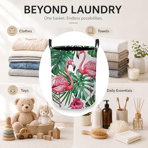 Image of Tropical Flamingo Laundry Basket, Palm Leaves Collapsible Laundry Hamper Waterproof Oxford Cloth With Handles, Clothes Storage Bucket For Bathroom /Bedroom 16 inch x 20.8 inch