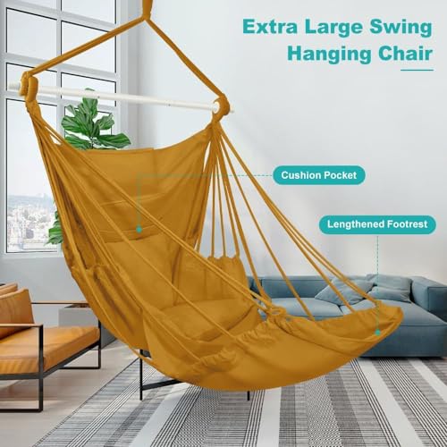 Image of Outerman Hammock Chair, Hanging Chair with 3 Cushions and Foot Rest Support, Durable Metal Spreader Bar Max 500Lbs, Swing Chair for Bedroom, Indoor & Outdoor, Patio, Porch or Tree（Khaki）