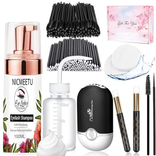 Nicmeetu 2.0 100Ml Lash Shampoo For Lash Extensions.Gentle Eyelash Cleanser 1 Pcs Usb Lash Fan 50 Pcs Eyelash Brushes 100 Pcs Micro Brush 2 Pcs Lash Shampoo Brush 2 Pcs Compressed Sponge And Rinse Bottle cover