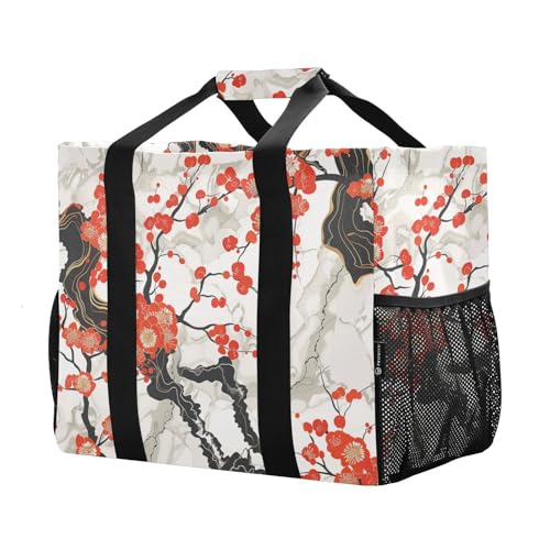 Marble Wintersweet Plum Blossom Red Utility Tote Bag Collapsable Beach Bag Tote Waterproof Reusable Bags For Groceries Canvas Totes Bags For Car2