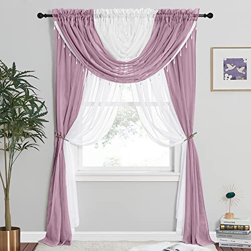 Nicetown Nursery Curtains For Kids Bedroom, Window Sheer Curtain All-In-One Set With 4 Panels And 2 Valances With Crystal Beads For Living Room, Dining Room, 55" Wide X 84" Long, Light Purple & White #TOP10