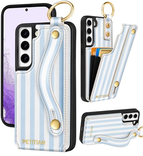 Petitian for Samsung Galaxy S22 Wallet Stand Case, Blue White Stripes - image 1