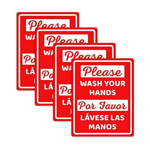 Hot4TShirts Please Wash Your Hands Sign 4 Pack — Vinyl Water Resistant Decals — Handwashing Bilingual Stickers for Bathroom (Red, 8"x10") Cover