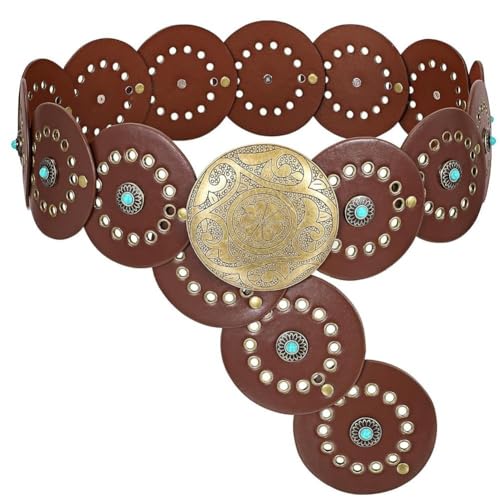 Western Belts for Women Wide Hollow Disc Leather Belt Cowgirl Waist Belt for Dresses with Metal Buckle