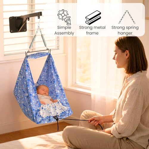 Image of Axmon Baby Cradle Jhula | Heavy Duty Iron Frame Kids Cradle | Weight Capacity Up to 20 kg | Baby Swing Hanger with 1 Inch Support Sheet, Pillow, Safety Belt & Mosquito Net | Blue
