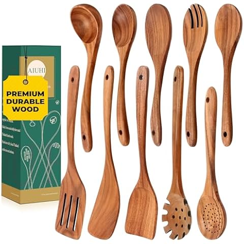 Premium Nonstick Natural Wooden Kitchen Utensils Set, Smooth Finish Teak Wood Spoons Spatula for Cooking and Kitchen Gifts Cover