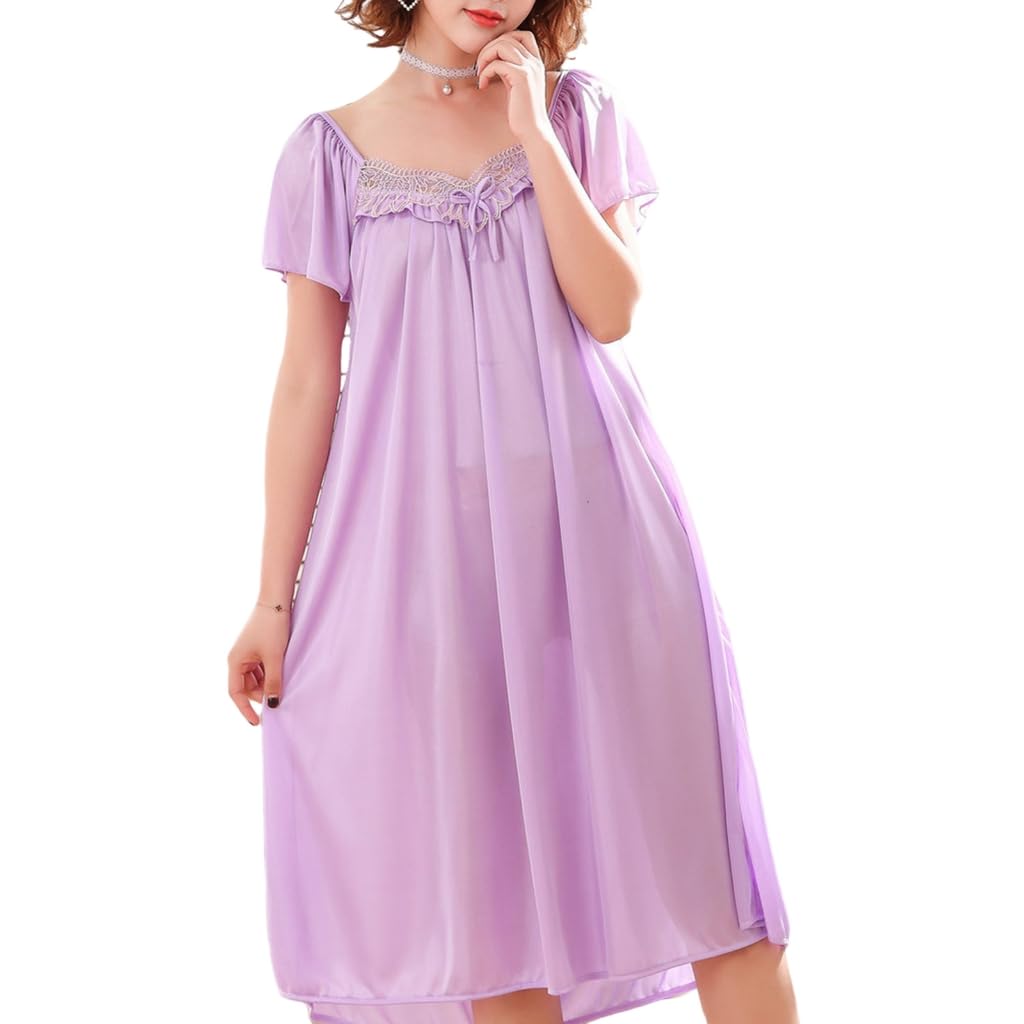 Gmbylby Women's Light Purple Lp Ice Silk Pleated Nightgown Loose Sleepwear Nightshirt Short Sleeve Sleep Dress Summers Sleepshirt
