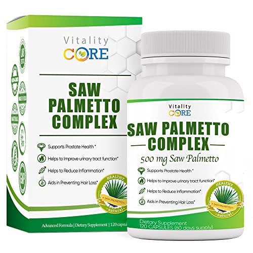 Vitality CORE Saw Palmetto Prostate Supplements for Men to Decrease Frequent Urination at Night with Ashwagandha & Pumpkin Seed, Prevent Hair Loss, Supports Healthy Urination, 120 Capsules
