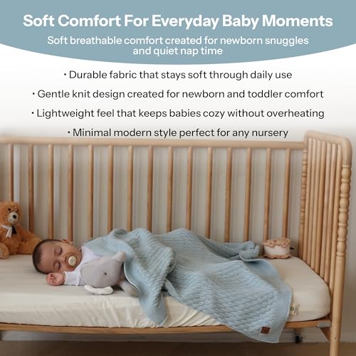 Image of Organic Cotton Baby Blanket 30x40 in, Baby Blue - GOTS Certified, Soft Knit Swaddle with Gift Box, Breathable Nursery Blanket for Crib & Stroller, Machine Washable