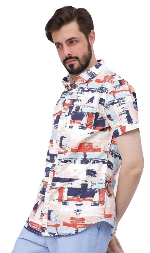 Image of LookMark Men's Cotton Blend Stitched Printed Half Sleeve Regular Fit Shirt