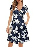 MSBASIC Fuax Wrap Dress Aline Summer Tshirt Short Sleeve Dress for Women(Navy Floral,M)