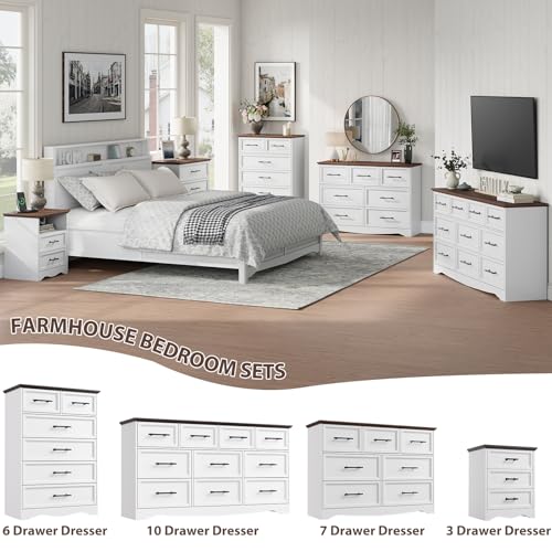 Image of Bedroom Set, 3 Pieces Bedroom Furniture Set, Wood 7 Drawer Dresser and Nightstands with Charging Station, Farmhouse Storage Organizer Cabinet for Bedroom, White