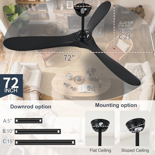 Image of Black 72 Inch Ceiling Fan with Light and Remote, Large Modern Outdoor Ceiling Fans with Lights 3 Blade Propeller High CFM Wet Rated Exterior Fan for Patios Indoor Bedroom Living Room Gazebo