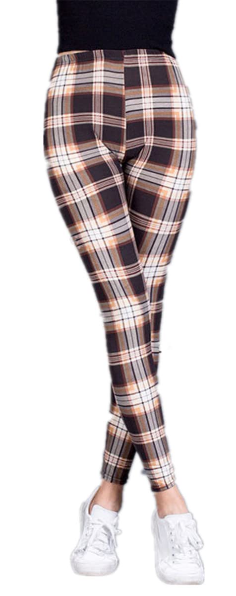 Fioeyr Womens Red Tartan Check Print Elacticated Ladies Full Length Long Leggings Skinny Stretchy Pants Trousers