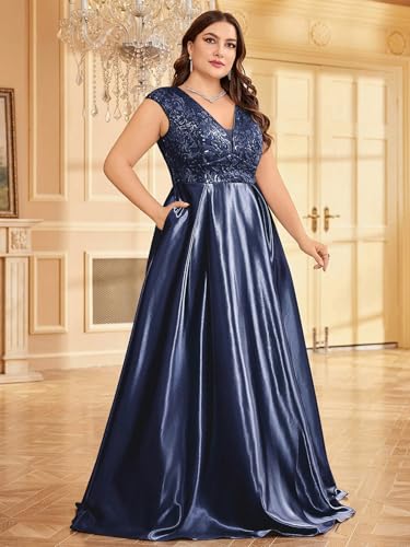 Image of Plus Size Satin Mother of the Bride Formal Gown for Wedding Sleeveless V-Neck Evening Dress