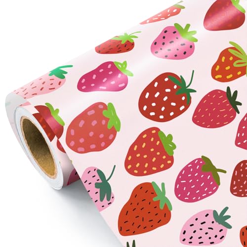WRAPAHOLIC Strawberry Wrapping Paper Roll - Mini Roll - 17 Inch x 16.5 Feet - Sweet Strawberry Fruits Wrapping Paper for Summer Birthday Wedding Bridal Shower