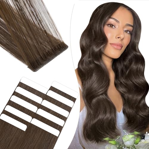 Elailite Extensiones Adhesivas Pelo Natural 10 Mechas Cabello Cosido Invisible 100% Humano 45cm 25g #02 Castaño Oscuro