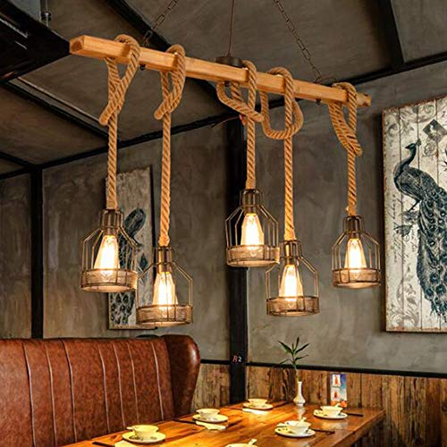 Rétro Corde De Chanvre Plafonnier Pendentif Lumière Rustique En Bois Industriel Suspendu Lumière Métal Fer Cage Lampe E27 Luminaire Lustre Pour Cuisine...