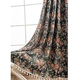 Blumen Vorhang Landhausstil Blickdicht Gardinen Leinenoptik Vintage Boho Rustikal Deko Jacquard Grün Pfingstrose Fenstervorhang Rod Pocket mit Quasten für Schlafzimmer Küche 1 Stück B150×H240cm