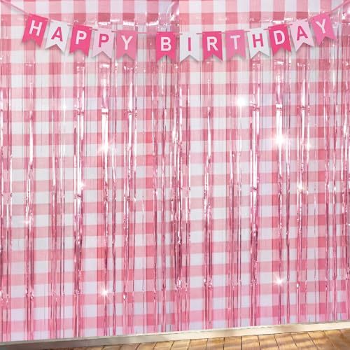 Image of WovWeave 2 Pcs Pink Gingham Party Decorations 3.3 x 6.6 ft Pink and White Checkered Foil Fringe Curtains Backdrop Tinsel Streamers for Wedding Birthday Baby Shower Party Decor Supplies