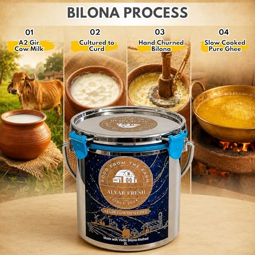 Image of Alvar Fresh A2 Gir Cow Desi Ghee (2LTR) with Stainless Steel Dolchi, Traditional Hand-Churned Pure Cow Ghee,Traditional Bilona Method | Cultured Pure Natural and Healthy Ghee