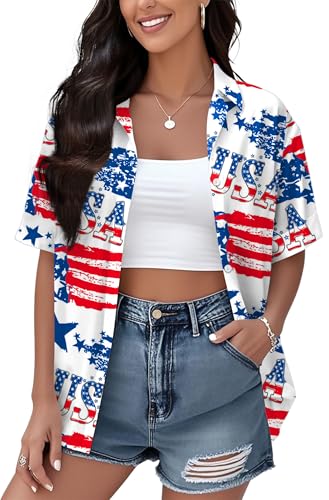 Image of Ithalt 4th of July Hawaiian Shirts Women American Flag Patriotic Short Sleeve Button Down Outfits Summer Vacation Tops