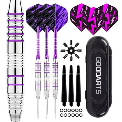 Ecliptix Dartpfeile mit Metallspitze 22 Gramm, Profi Steeldarts mit Metallspitze Steeldarts Set Steel Darts Pfeile Set Stahl Spitze Darts Set 3 Aluminium Schaft + Extra Dart-Flüge (Lila)