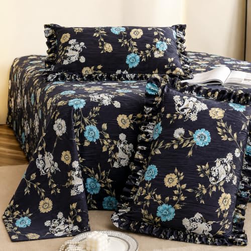 Image of Fitted Bedsheet Queen Size 300 TC Soft Cotton Feel Microfiber All Around Elastic Fitted Double Bedsheet with 2 Frill Pillow Covers | Size (60x78) Black Aqua