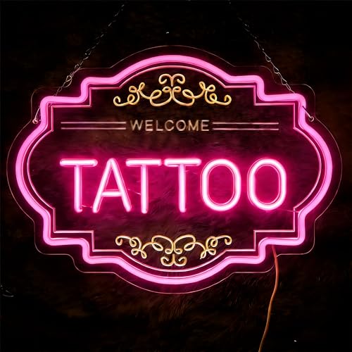 Image of Tattoo LED Neon Sign, 14 x 11 In Dimmable Light Up Wall Decor | USB Powered Dimmable Light up Tattoo Signs Decor for Bussiness Shop Studio & Salon, Gift for Artists, Include Hanging Chain