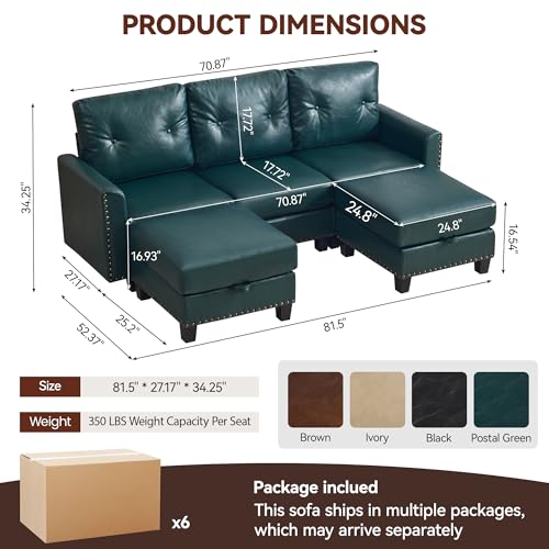 Image of 71 inch Faux Leather Modular Sectional 3 Seater Couch with 2 Storage Ottomans, Vintage PU Leather U Shaped Sofa with Nailhead Trim, Mid Century Modern Tufted Couches for Living Room, Office, Forest Green