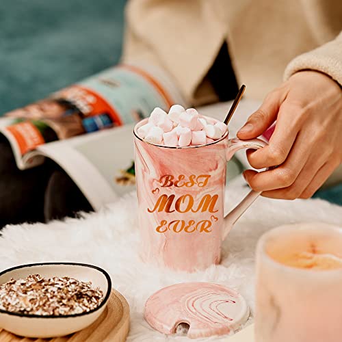 SHENDONG Beste moeder ooit Moederdag Cup: Moederdag geschenken van dochter zoon, verjaardagscadeaus voor mama, moeders moeders vrouwen - 14 oz marmeren keramische koffiemok met deksel, lepel en - Afbeelding 4