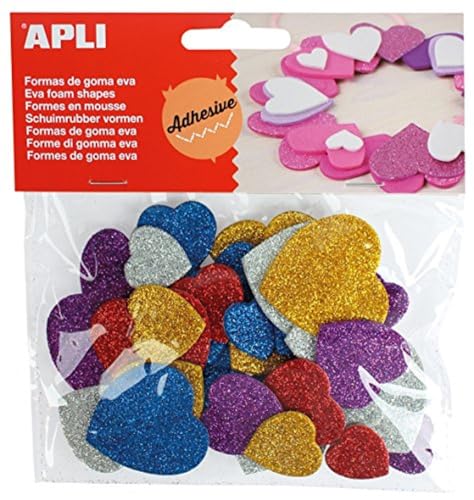 APLI Bag of 50 Glitter Foam Hearts Adhesive