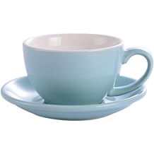 Colorful Ceramic Coffee Cup Espresso Cup Set, Fits American, Italian, European Espresso, Thick, Standard Size, 300ml Golden Classic Latte Bowl and Saucer Cappuccino Cup & Saucer Latte Art Sky Blue