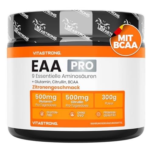 EAA Pulver 300g, Aminosäuren Essenziell EAA PRO Vitastrong, 9 Essentielle Aminosäuren Pulver 300g, BCAA, Glutamin, L-Citrullin, (20 Portionen (1er-Packung), Lemon)