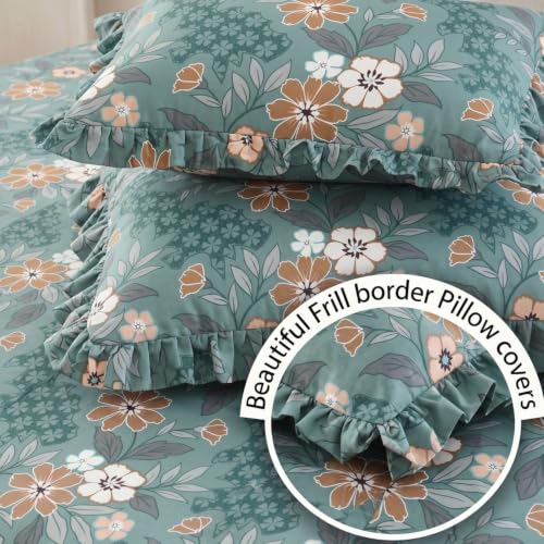 Image of Dream Weaverz- Polycotton Printed Double Bed Size Fitted Elastic Bedsheet,2 Pillow Cover,260 Thread (72 inch x 78 inchx7 inch) Home, Bedroom (Green-Brown, King)